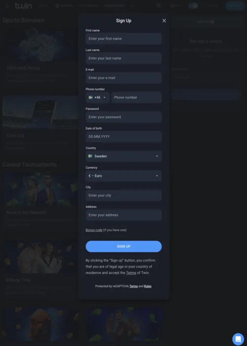 Registro rápido jogador novo Twin Casino